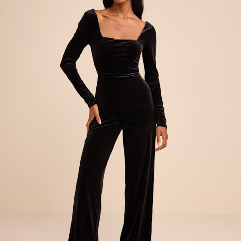 Lulus Asalia Black Velvet Lace-up Long Sleeve Straight-leg Jumpsuit - Size XL